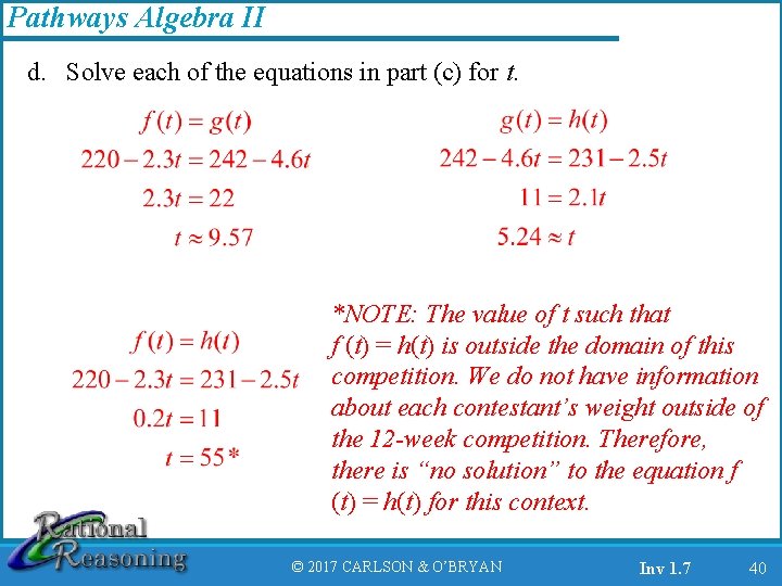 Pathways Algebra II d. Solve each of the equations in part (c) for t.