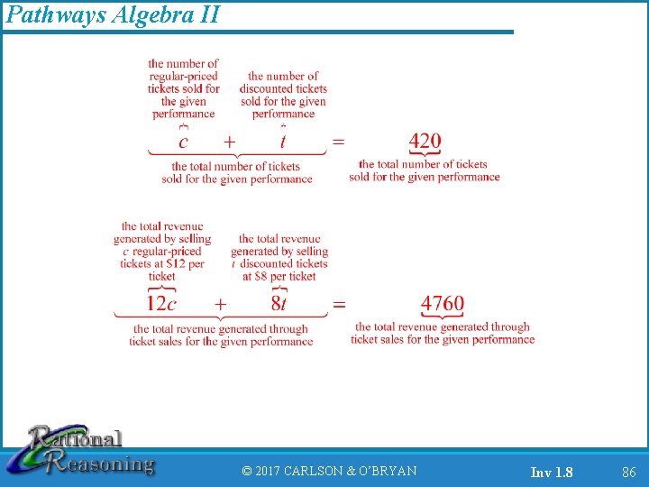 Pathways Algebra II © 2017 CARLSON & O’BRYAN Inv 1. 8 86 