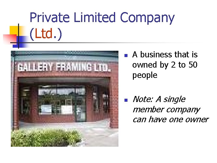 Private Limited Company (Ltd. ) n n A business that is owned by 2