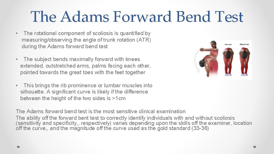 The Adams Forward Bend Test • The rotational component of scoliosis is quantified by