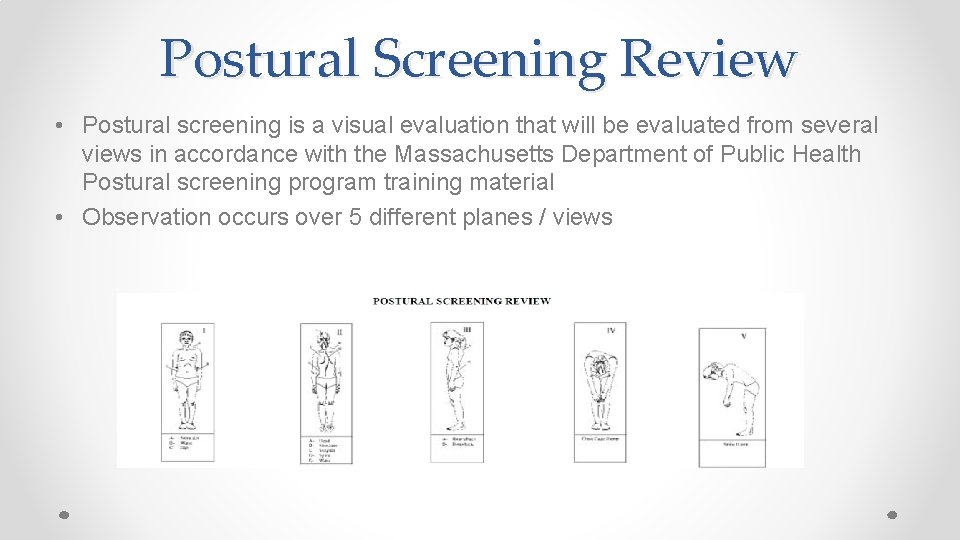 Postural Screening Review • Postural screening is a visual evaluation that will be evaluated