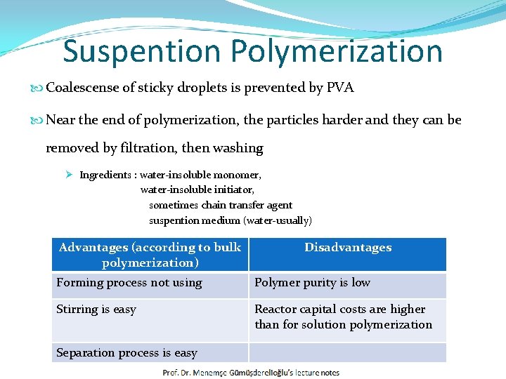 Suspention Polymerization Coalescense of sticky droplets is prevented by PVA Near the end of