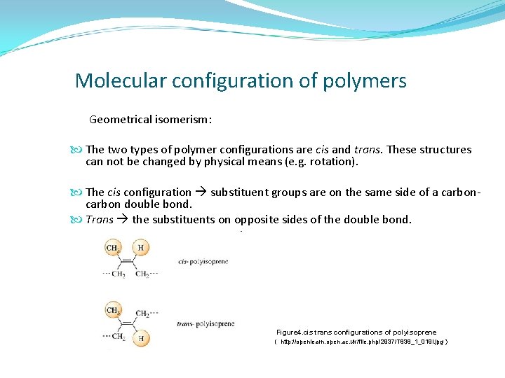 Molecular configuration of polymers Geometrical isomerism: The two types of polymer configurations are cis