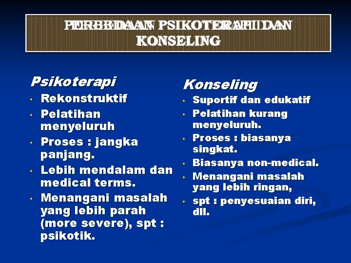 PERBEDAAN PSIKOTERAPI DAN KONSELING Psikoterapi Konseling • • • Rekonstruktif Pelatihan menyeluruh Proses :
