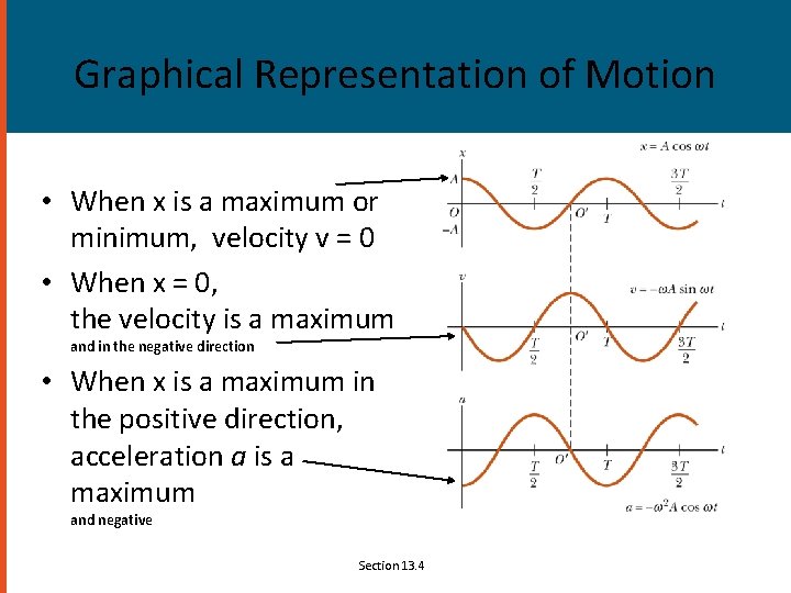 Graphical Representation of Motion • When x is a maximum or minimum, velocity v