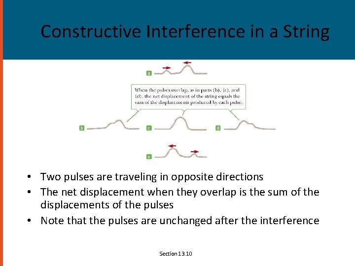 Constructive Interference in a String • Two pulses are traveling in opposite directions •