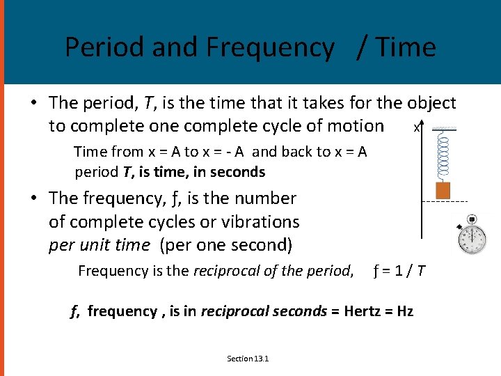 Period and Frequency / Time • The period, T, is the time that it