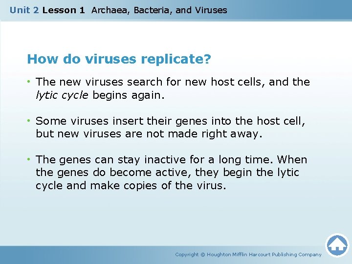 Unit 2 Lesson 1 Archaea, Bacteria, and Viruses How do viruses replicate? • The