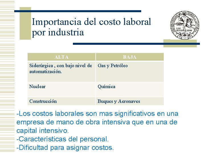 Importancia del costo laboral por industria ALTA BAJA Siderúrgica , con bajo nivel de