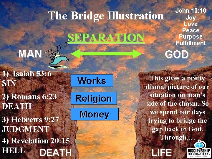 John 10: 10 Joy Love Peace Purpose Fulfillment The Bridge Illustration SEPARATION MAN GOD