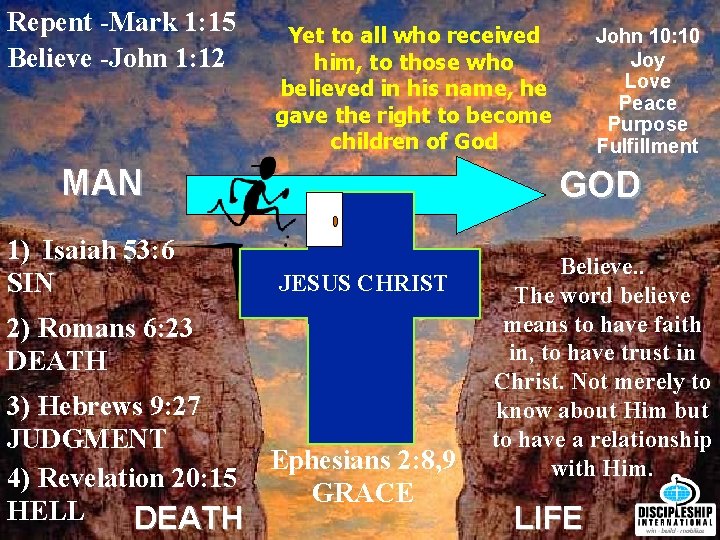 Repent -Mark 1: 15 Believe -John 1: 12 Yet to all who received him,