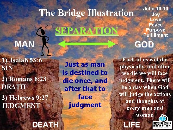 John 10: 10 Joy Love Peace Purpose Fulfillment The Bridge Illustration SEPARATION MAN 1)