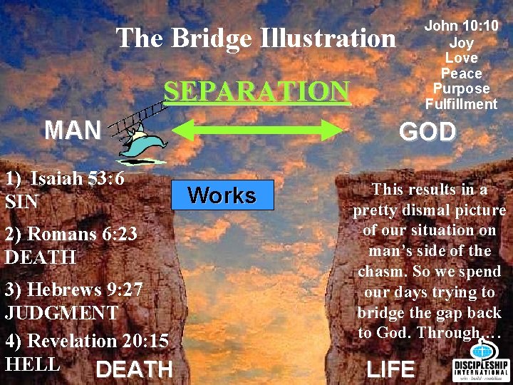 John 10: 10 Joy Love Peace Purpose Fulfillment The Bridge Illustration SEPARATION MAN 1)