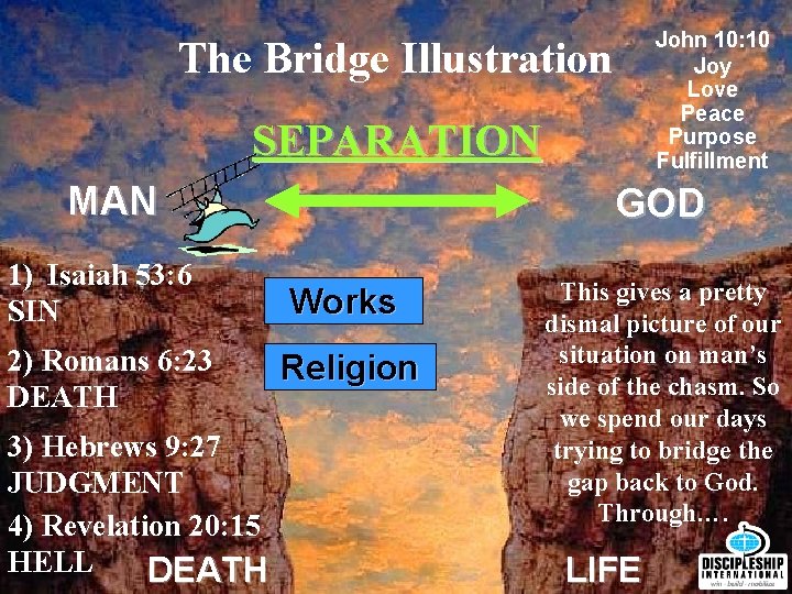 John 10: 10 Joy Love Peace Purpose Fulfillment The Bridge Illustration SEPARATION MAN GOD