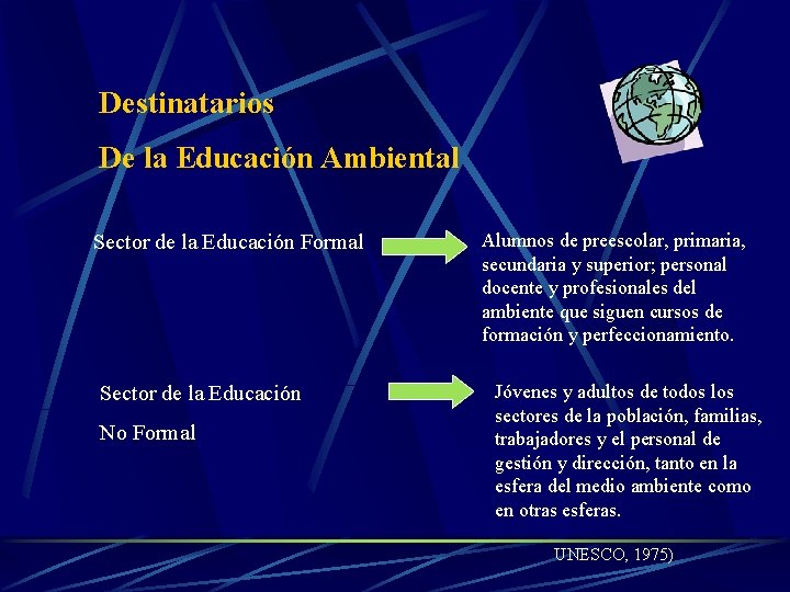 Destinatarios De la Educación Ambiental Sector de la Educación Formal Sector de la Educación