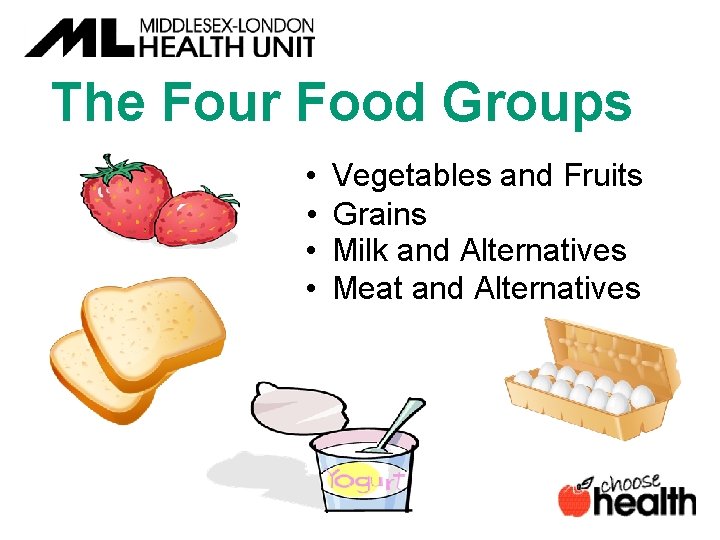 The Four Food Groups • • Vegetables and Fruits Grains Milk and Alternatives Meat