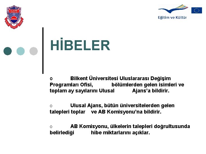HİBELER o Bilkent Üniversitesi Uluslararası Değişim Programları Ofisi, bölümlerden gelen isimleri ve toplam ay