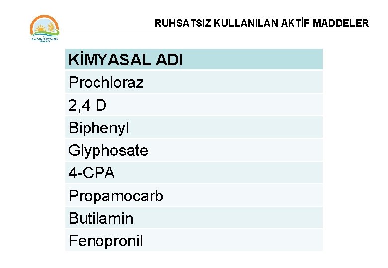 RUHSATSIZ KULLANILAN AKTİF MADDELER KİMYASAL ADI Prochloraz 2, 4 D Biphenyl Glyphosate 4 -CPA