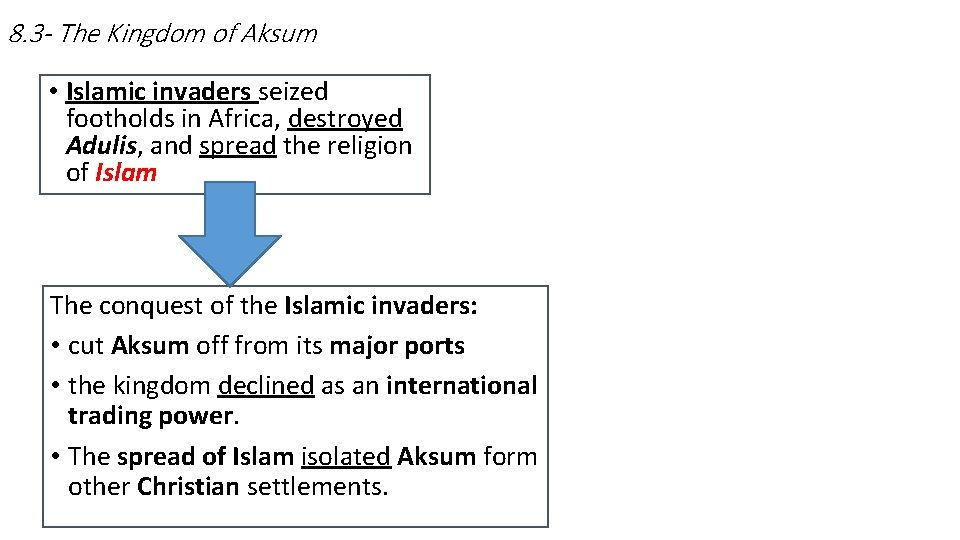 8. 3 - The Kingdom of Aksum • Islamic invaders seized footholds in Africa,