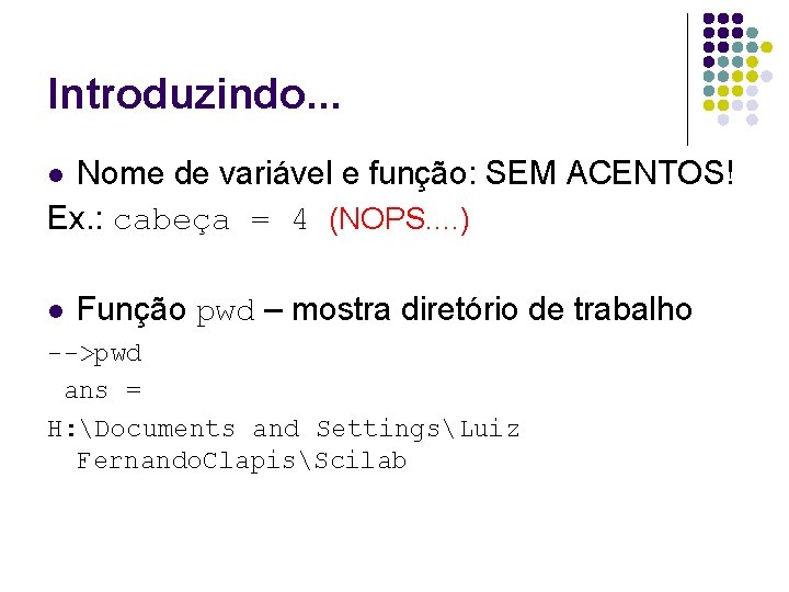 Introduzindo. . . Nome de variável e função: SEM ACENTOS! Ex. : cabeça =