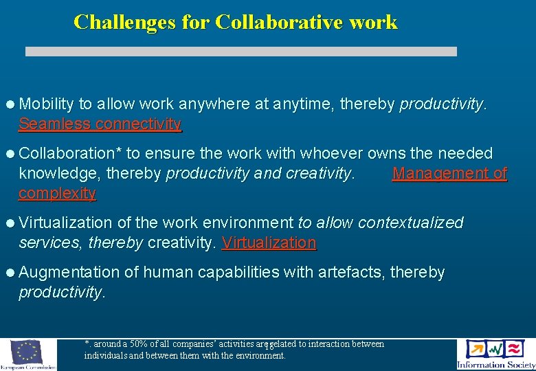 Challenges for Collaborative work l Mobility to allow work anywhere at anytime, thereby productivity.