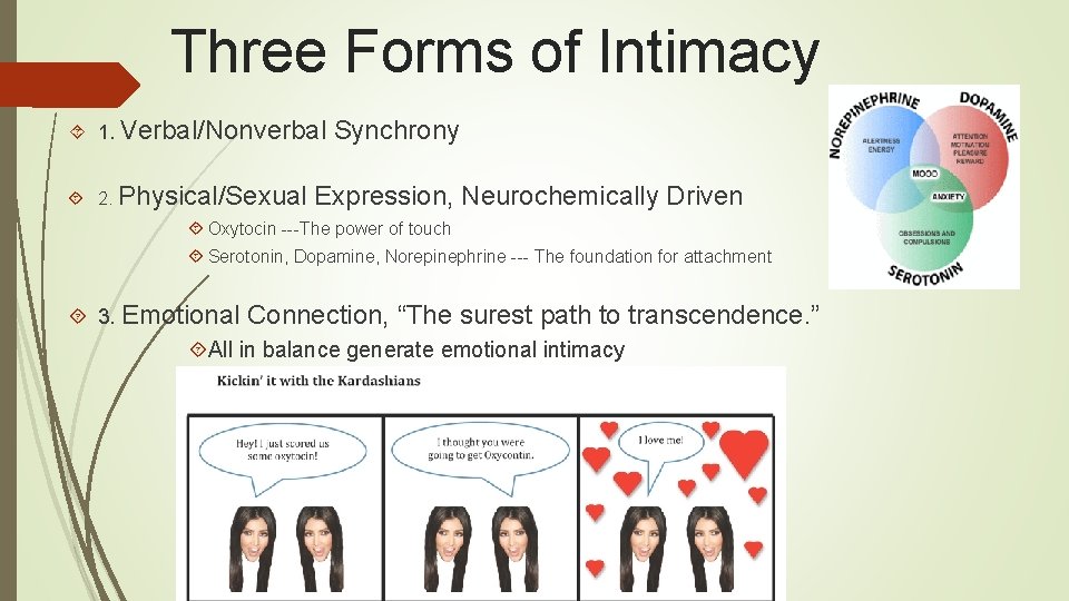 Three Forms of Intimacy 1. Verbal/Nonverbal 2. Physical/Sexual Synchrony Expression, Neurochemically Driven Oxytocin ---The