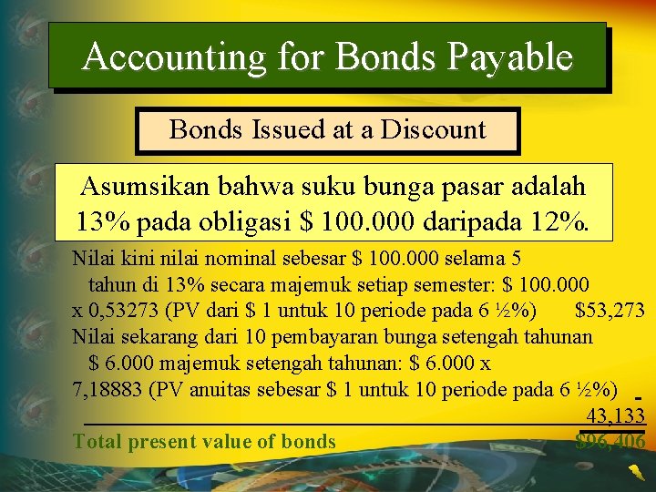 Accounting for Bonds Payable Bonds Issued at a Discount Asumsikan bahwa suku bunga pasar