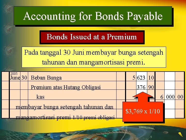 Accounting for Bonds Payable Bonds Issued at a Premium Pada tanggal 30 Juni membayar