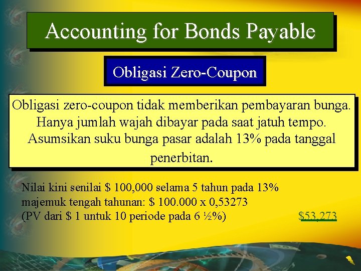 Accounting for Bonds Payable Obligasi Zero-Coupon Obligasi zero-coupon tidak memberikan pembayaran bunga. Hanya jumlah