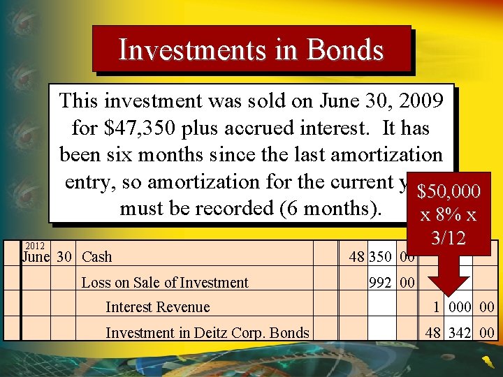 Investments in Bonds This investment was sold on June 30, 2009 for $47, 350