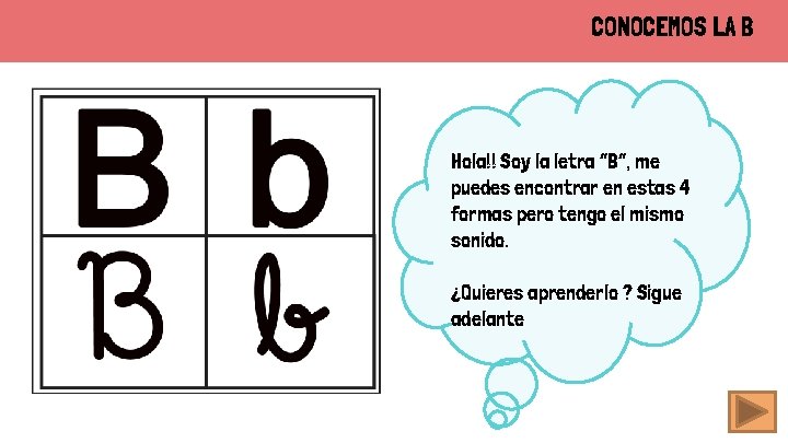 CONOCEMOS LA B Hola!! Soy la letra “B”, me puedes encontrar en estas 4