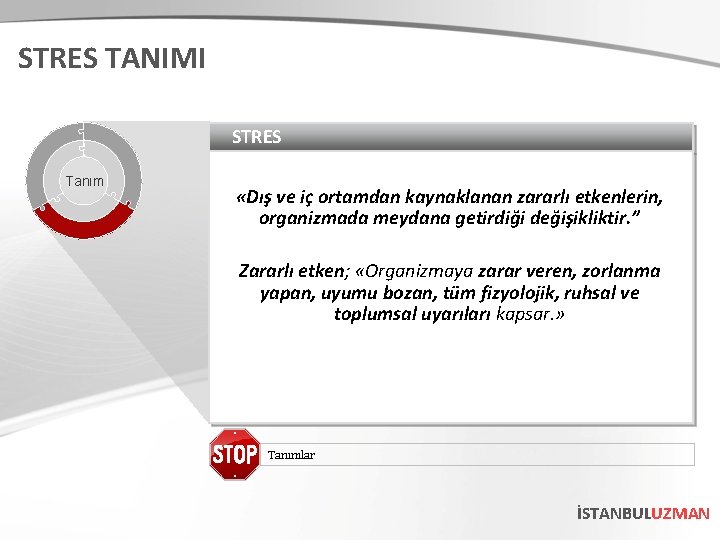 STRES TANIMI STRES Tanım «Dış ve iç ortamdan kaynaklanan zararlı etkenlerin, organizmada meydana getirdiği