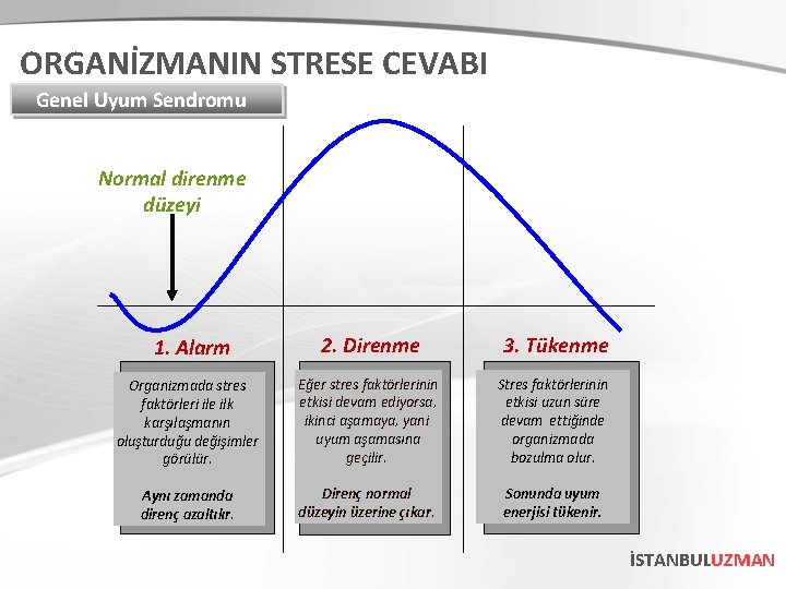 ORGANİZMANIN STRESE CEVABI Genel Uyum Sendromu Normal direnme düzeyi 1. Alarm 2. Direnme 3.