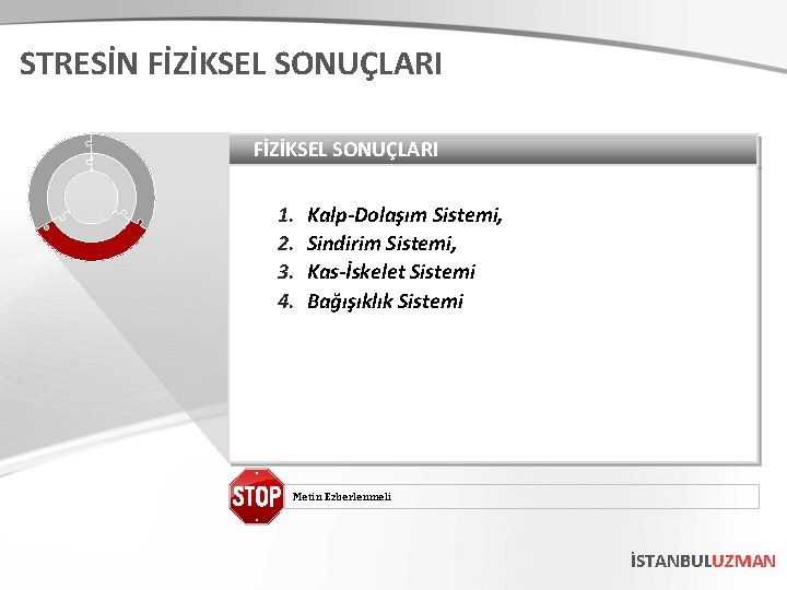 STRESİN FİZİKSEL SONUÇLARI 1. 2. 3. 4. Kalp-Dolaşım Sistemi, Sindirim Sistemi, Kas-İskelet Sistemi Bağışıklık