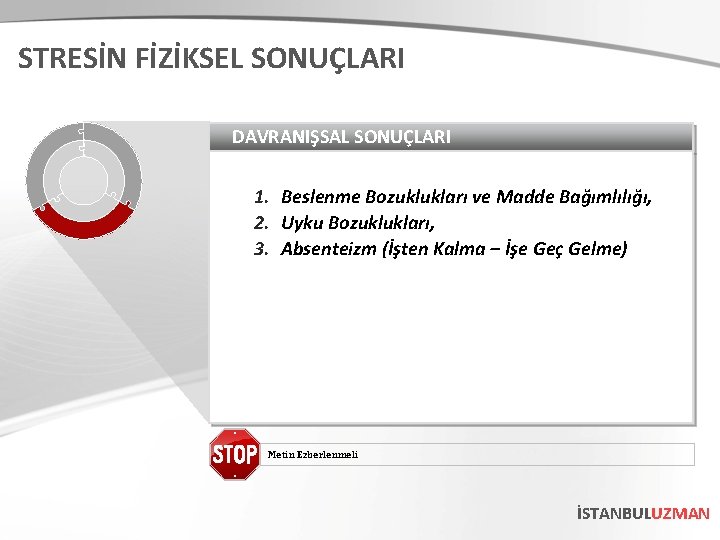 STRESİN FİZİKSEL SONUÇLARI DAVRANIŞSAL SONUÇLARI 1. Beslenme Bozuklukları ve Madde Bağımlılığı, 2. Uyku Bozuklukları,