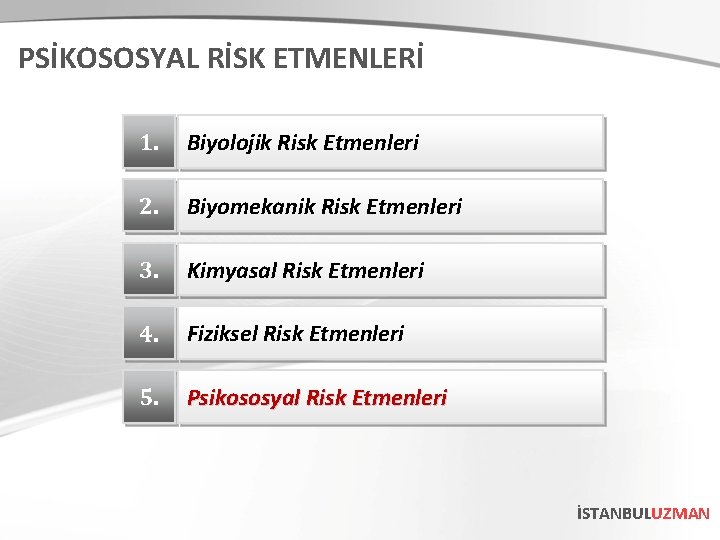 PSİKOSOSYAL RİSK ETMENLERİ 1. Biyolojik Risk Etmenleri 2. Biyomekanik Risk Etmenleri 3. Kimyasal Risk