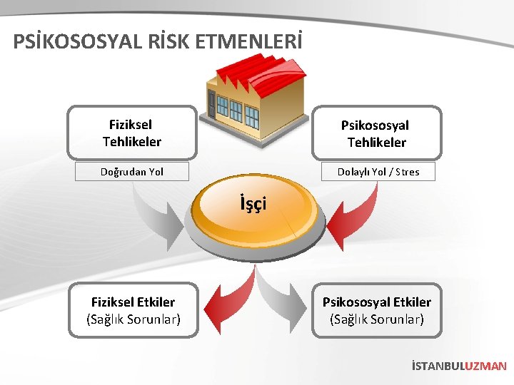 PSİKOSOSYAL RİSK ETMENLERİ Fiziksel Tehlikeler Psikososyal Tehlikeler Doğrudan Yol Dolaylı Yol / Stres İşçi