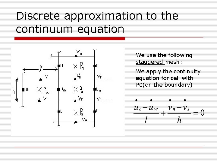 Discrete approximation to the continuum equation We use the following staggered mesh: We apply