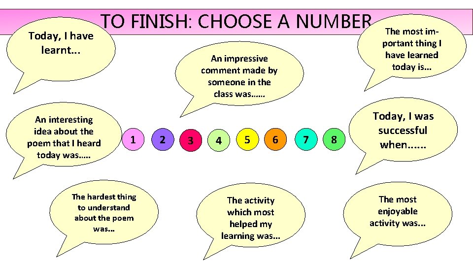 Today, I have learnt. . . TO FINISH: CHOOSE A NUMBER An interesting idea