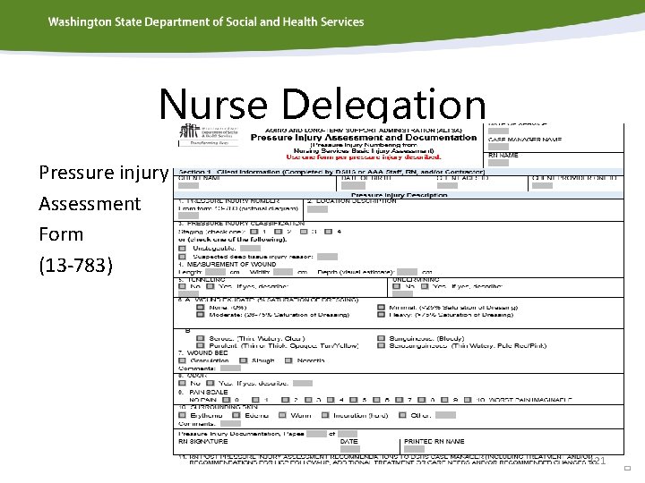 Nurse Delegation Pressure injury Assessment Form (13 -783) 121 