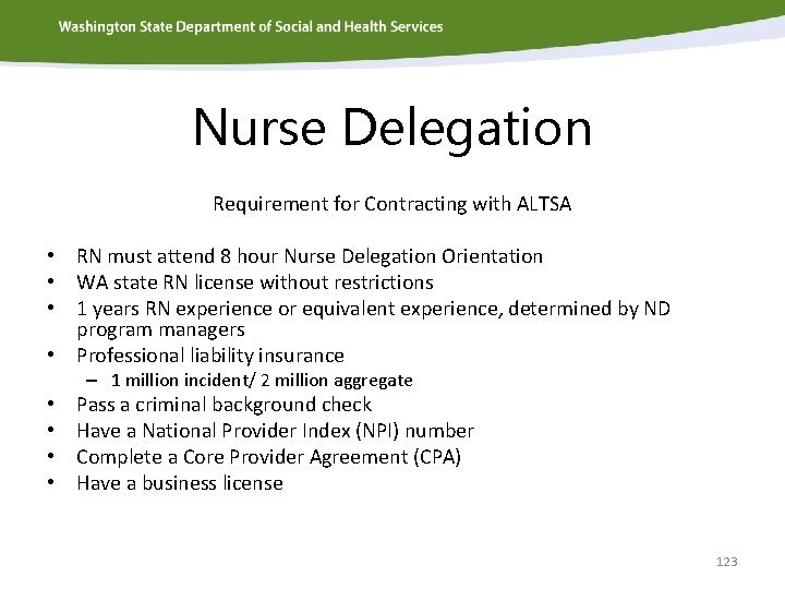 Nurse Delegation Requirement for Contracting with ALTSA • RN must attend 8 hour Nurse