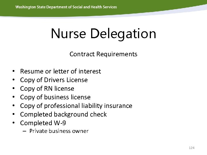 Nurse Delegation Contract Requirements • • Resume or letter of interest Copy of Drivers