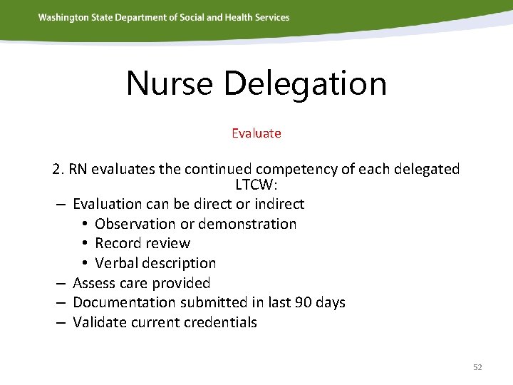 Nurse Delegation Evaluate 2. RN evaluates the continued competency of each delegated LTCW: –