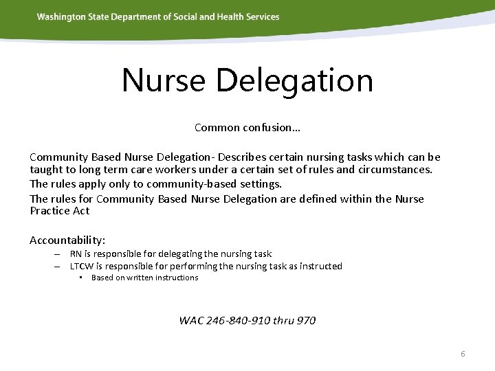 Nurse Delegation Common confusion… Community Based Nurse Delegation- Describes certain nursing tasks which can