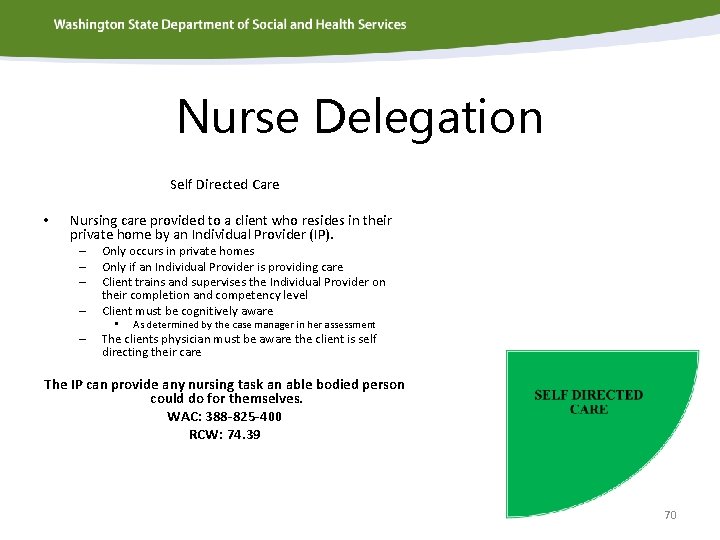 Nurse Delegation Self Directed Care • Nursing care provided to a client who resides