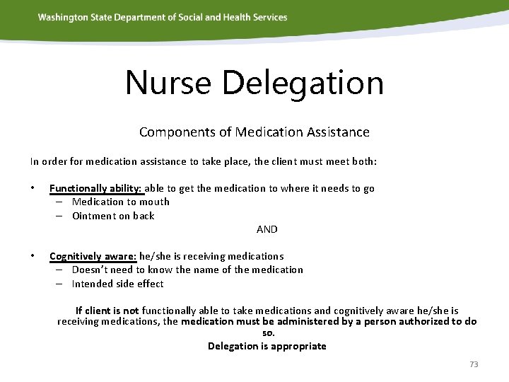 Nurse Delegation Components of Medication Assistance In order for medication assistance to take place,