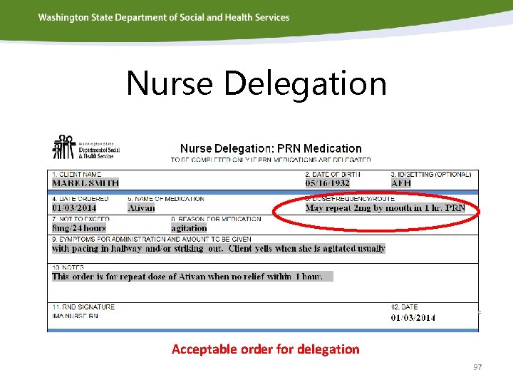 Nurse Delegation Acceptable order for delegation 97 