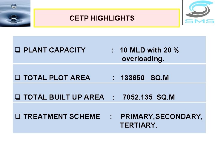CETP HIGHLIGHTS q PLANT CAPACITY : 10 MLD with 20 % overloading. q TOTAL