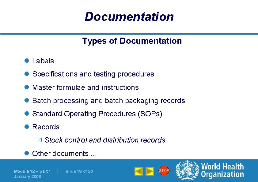 Documentation Types of Documentation l Labels l Specifications and testing procedures l Master formulae