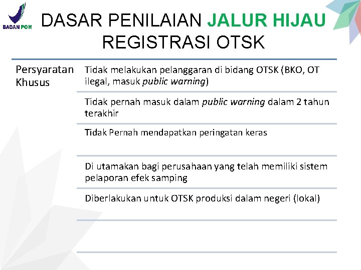 DASAR PENILAIAN JALUR HIJAU REGISTRASI OTSK Persyaratan Tidak melakukan pelanggaran di bidang OTSK (BKO,